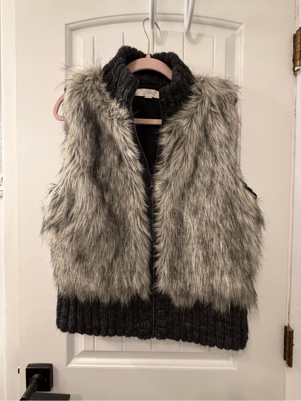 LOFT women’s Faux Fur Vest with Dark Knit Trim - Gray and Black